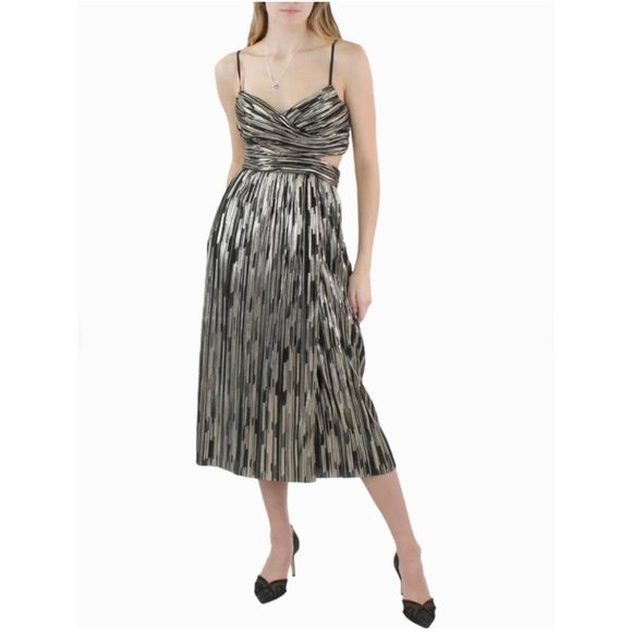 Aidan Mattox Metallic Striped V-Neck A-Line Midi Dress Party Cocktail Dress - Picture 6 of 10